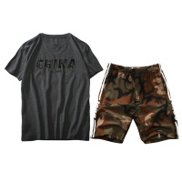 梵克公牛短袖套装男基础大众牌宽松大码 2020舒适显瘦T恤男士时尚印花加肥加大休闲运动200斤夏季胖子男迷彩裤