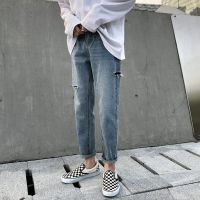 梵克公牛春季裤子男韩版潮流帅t破洞坠感牛仔裤常规乞丐不规则九分裤港风潮牌裤子 蓝色