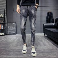 梵克公牛春秋款网红牛仔裤裤子男韩版潮流男士常规小脚裤精神小伙休闲长裤 灰色