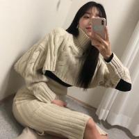 梵克公牛韩国新款个性蝙蝠袖宽松短款高领套头麻花针织衫毛衣披风 图片色 均码