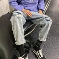 梵克公牛牛仔裤男潮流韩版百搭ins港风潮牌常规坠感阔腿九分破洞裤子港风潮牌裤子 蓝色