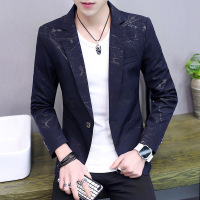 梵克公牛休闲小无领男青年薄款外套 2020热卖时尚男春新款帅气无领男士修身帅气韩版单西小礼服 蓝色