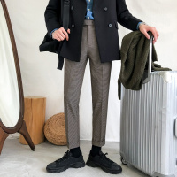 梵克公牛秋季西裤男商务休闲职业免烫正装常规千鸟格子折边裤西装裤