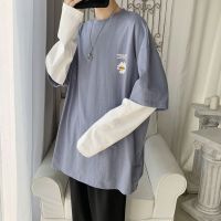 梵克公牛网红精神小伙假两件假两件长袖T恤男流ins港风春季上衣服宽松雏菊卫衣牌