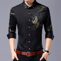 梵克公牛中年男装长袖衬衫春季商务上班 2020热卖正装春新款修男式衬衣男士休闲修身印花翻领免烫帅气