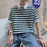 梵克公牛带领条纹短袖T恤男翻领POLO衫潮牌潮流宽松ins港风衣服网红