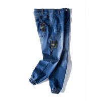 梵克公牛牛仔裤男九分做旧 2021年夏季夏新款加肥加大码简约时尚男9分迷彩贴布侧袋束脚宽松哈伦裤男 蓝色