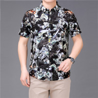 梵克公牛短袖衬衫男修身爸爸装衬衣 2020夏季时尚印花中年男士帅气简约纯色时尚 黑色