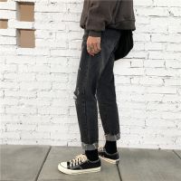 梵克公牛牛仔裤男常规乞丐九分9分百搭韩版潮流裤子ins不规则毛边