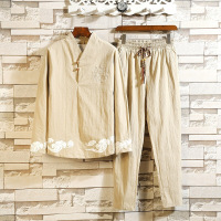 梵克公牛长袖套装男青年中国风 2020帅气简约男装T恤男古风汉服两件套印花盘扣设计唐装民族服