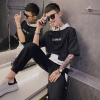 梵克公牛夏季短袖T恤休闲套装牌嘻哈五分袖卫衣套装修身男士精神社会小伙流网红搭配工装裤帅气衣服一套