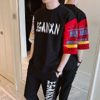 梵克公牛网红套装男夏天韩版流字母印花休闲宽松男衣服一套搭配裤套装韩版牌青少年学生短袖T恤运动装