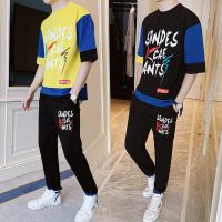 梵克公牛一套衣服男夏天新款韩版流男士运动套装牌青少年学生T恤搭配七分袖裤两件套夏季男装套装