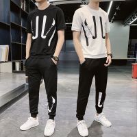 梵克公牛夏天套装男流帅气青少年半袖圆领卫衣男士运动套装韩版修身社会精神小伙短袖T恤男装套装牌一套