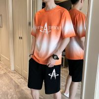 梵克公牛T恤男短袖套装2021夏装渐变男士运动休闲宽松半袖初高中生T恤套装牌男装一套衣服