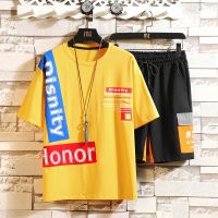 梵克公牛套装男夏季流字母印花五分袖T恤搭配工装短裤两件套夏装ins牌青少年学生男衣服一套