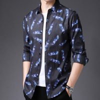 梵克公牛装2020春季中青年气质衬衣休闲男士长袖衬衫潮流薄款羽毛花色男衫[正品好货]