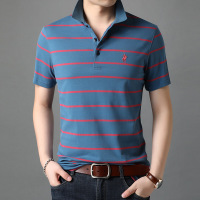 梵克公牛装2021夏季新款短袖条纹翻领中年男式条纹T恤时尚休闲舒适修身上衣[正品好货]