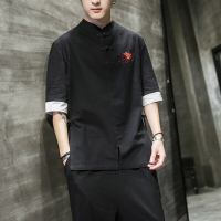 梵克公牛2021年男士新款唐装男士短袖T恤夏季新款上衣服中式刺绣汉服宽松半袖打底衫