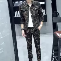 梵克公牛一套男士牛仔套装男帅气秋季外套长袖迷彩服男装修身衣服韩版潮流[新款]
