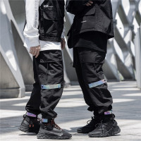 梵克公牛工装裤镭射魔术贴防水工装裤常规休闲束脚裤男ins潮牌休闲裤 黑色