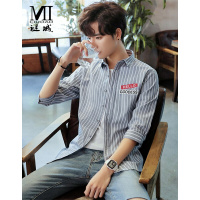 梵克公牛谜城七分袖衬衫男春夏季新款修身韩版流帅气休闲条纹男士衬衣