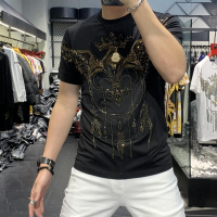 梵克公牛2021年男士新款重工软手感满花烫钻T精致工艺圆领修身短袖半袖棉T恤衫男霸气