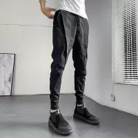 梵克公牛裤子男流常规小脚束腿裤社会小伙长裤束脚裤 黑色