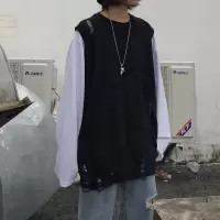 梵克公牛秋季原宿暗黑破洞针织背心汗背心男外穿宽松bf无袖上衣