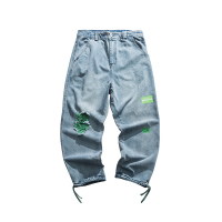 梵克公牛裤子男士春季新款潮宽松嘻哈猫须牛仔裤潮流休闲抽绳束脚哈伦裤 蓝色