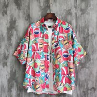 梵克公牛情侣沙滩衬衫夏天男薄款宽松青春流行流印花短袖休闲度假夏威夷花衬衣 红色