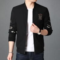 梵克公牛2021春新款男式夹克印花休闲潮流男装外套长袖夹克衫时尚拉链轻薄上衣 黑色
