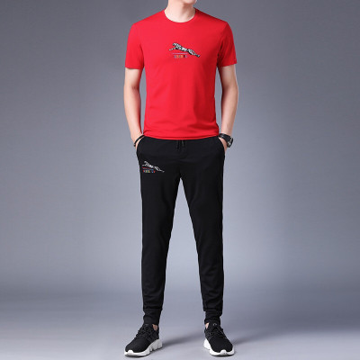 梵克公牛短袖T恤2021夏新款男式休闲套装圆领短袖T恤+长裤韩版流运动两件套