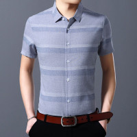 梵克公牛短袖衬衫2021夏季新款男士中年短袖衬衫条纹薄款时尚休闲棉质方领衬衣爸爸装