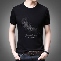 梵克公牛短袖T恤中青年夏装新款修身圆领半截袖韩版流羽毛印花打底汗衫薄款上衣