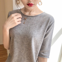 雪米贝奴 春夏新款女圆领卷边半袖针织衫宽松大码纯色薄款打底衫