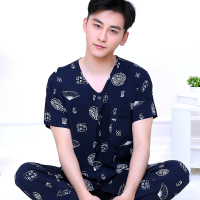 睡衣男夏季短袖长裤薄款中老爸爸绵绸绸家居_5