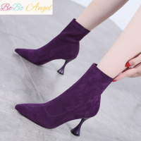 BOBO Angel2019新款马丁靴女时尚弹力靴百搭尖头高跟中筒靴子女细跟短靴秋冬