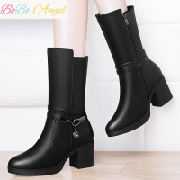 BOBO Angel中筒靴子女冬季高跟马丁靴女学生粗跟新款妈妈单靴子圆头女鞋棉靴
