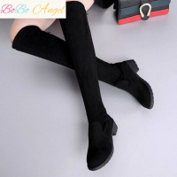 BOBO Angel长筒靴过膝平底弹力显瘦黑色过膝长靴子女绒面学生低跟长筒靴秋冬