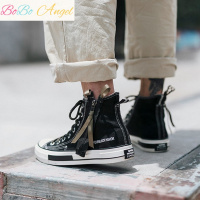 BOBO Angel冈山高帮帆布鞋男黑色男鞋子英伦韩版潮鞋学生休闲板鞋ins同款鞋