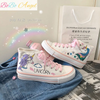 BOBO Angel 卡通独角兽高帮帆布鞋女2019新款学生少女心粉色系原宿手绘布鞋潮