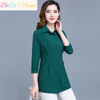 BOBO Angel春夏女装中长款纯色衬衫上衣时尚简约修身大码七分短袖POLO领衬衣