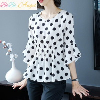 BOBO Angel大码波点雪纺七分袖衬衫女上衣宽松夏装韩版喇叭袖女衬衣收腰显瘦