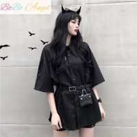 BOBO Angel樱田川岛ins韩版2019新款夏季设计感小众宽松黑色衬衫短袖上衣女