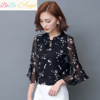 BOBO Angel2019年早秋韩版七分袖女时尚气质雪纺衫蝴蝶结喇叭袖上衣柔美衬衫