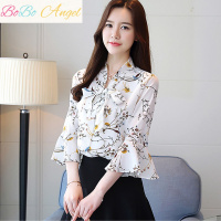BOBO Angel2019韩版早秋新款七分袖雪纺衫女蝴蝶结喇叭袖柔美百搭雪纺衬衫女