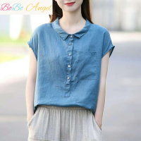 BOBO Angel90棉文艺复古宽松衬衫女仿棉麻2019夏新款短袖娃娃领时尚减龄上衣