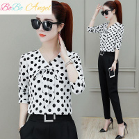 BOBO Angel波点长短袖蝴蝶结衬衫女2019春装新款韩版V领雪纺上衣洋气打底衫