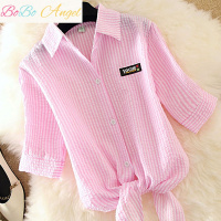 BOBO Angel白色衬衣女2019夏新款韩版宽松蝴蝶结学院风短袖条纹衬衫学生上衣